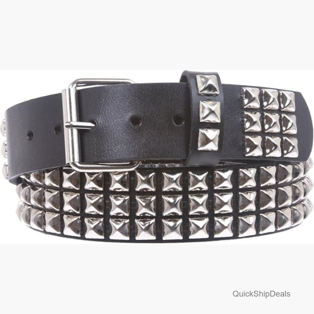 Snap On Three Row Punk Rock Star Metal Silver Studded Full Grain Leather Belt